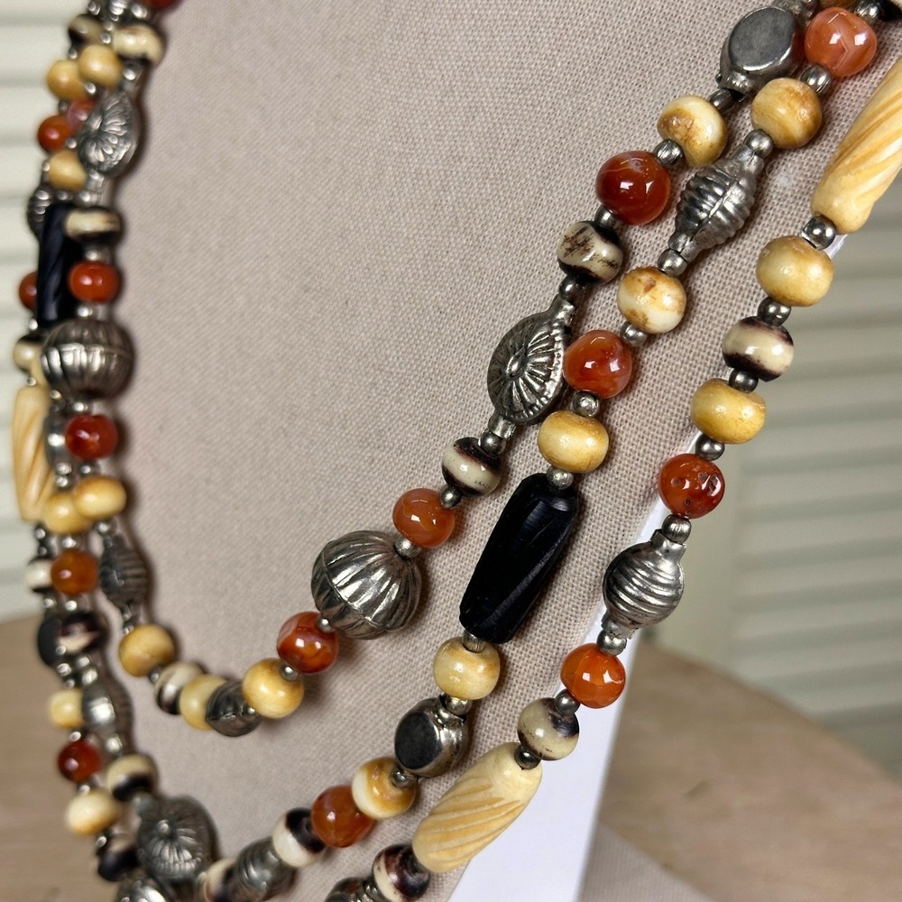 Vintage 70s Earthy Multi Strand Necklace Carnelian Agate Bone Silver Metal Beads - Picture 2 of 12